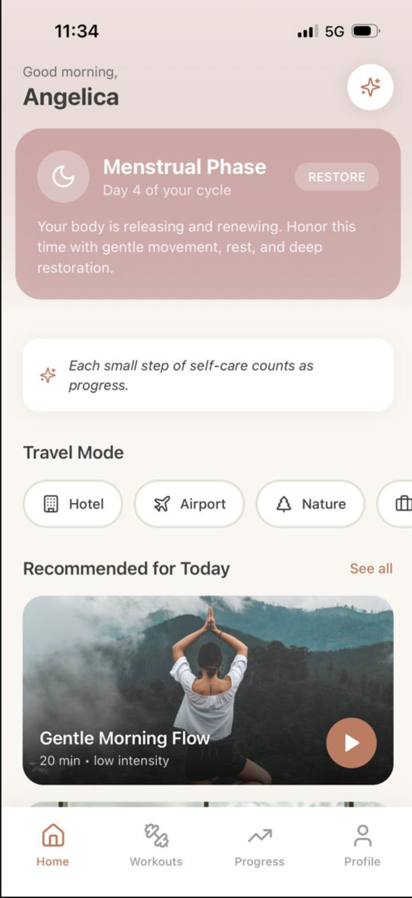 We Nomada app home screen showing the current cycle phase and recommended session for the day