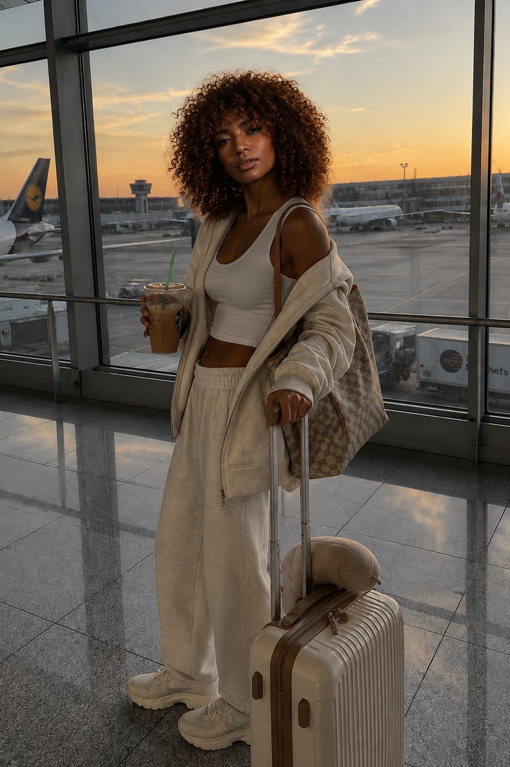 A woman traveling through an airport terminal at golden hour