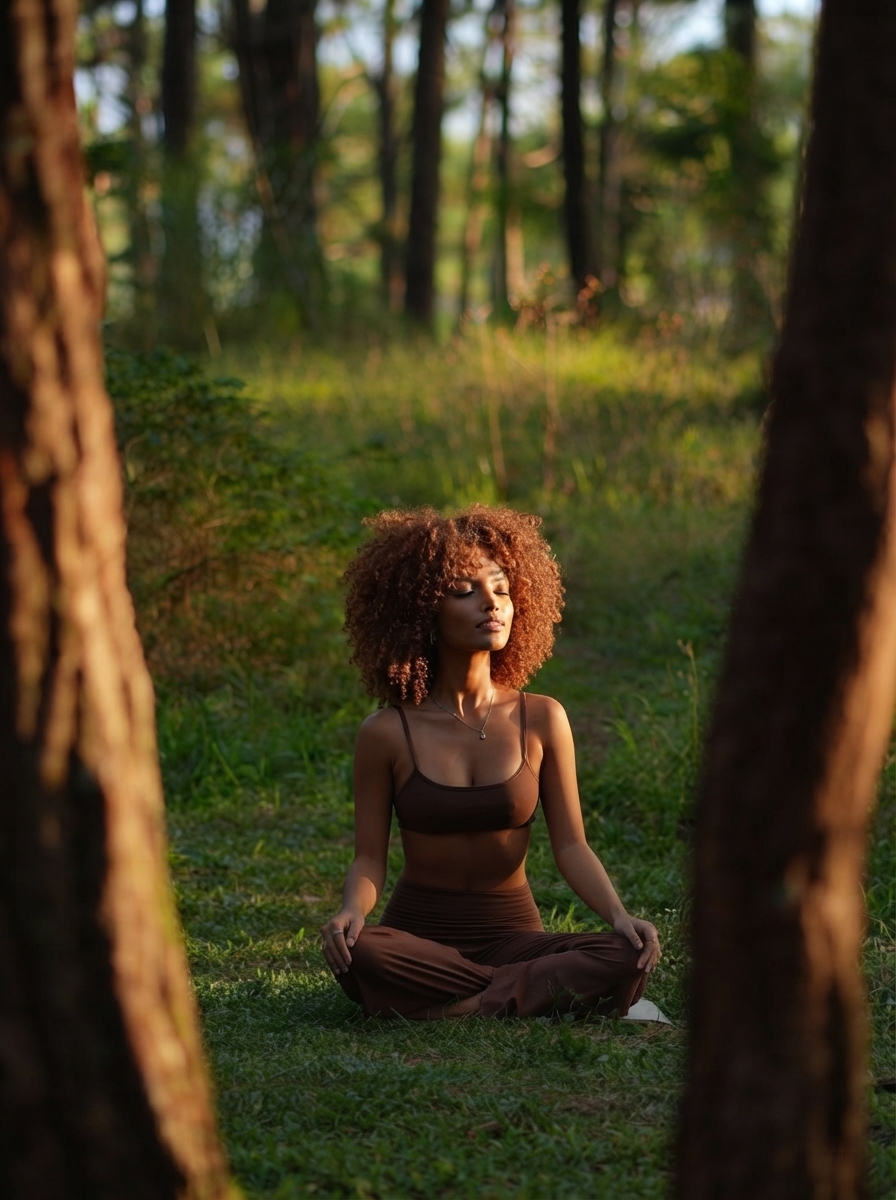 A Black woman meditating peacefully in a sunlit forest clearing
