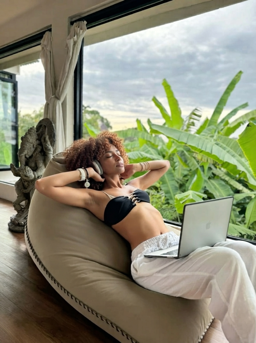A woman resting with headphones and a laptop in a tropical villa