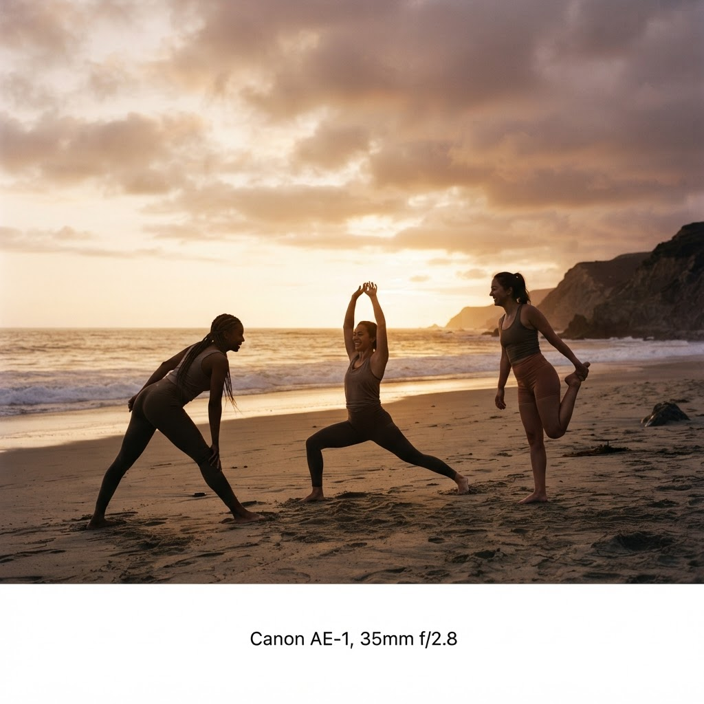 Diverse women stretching and training together on a beach at golden-hour sunset